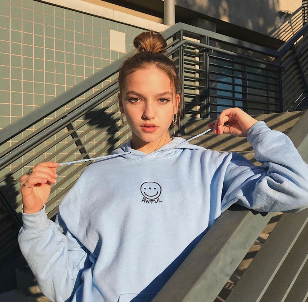 Actress Jayden Bartels Wearing Awful Cloth Blue Smiley Hoodie