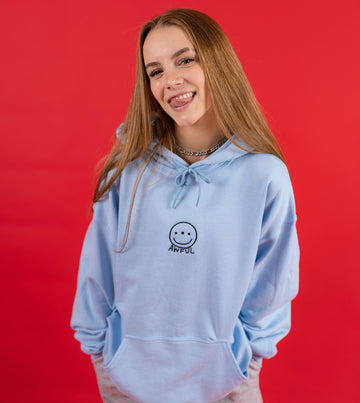 TikToker Anna Shumate Wearing Awful Cloth Blue Smiley Hoodie